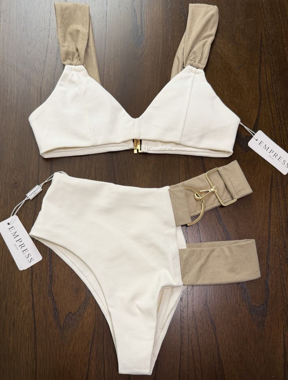 New EMPRESS BRASIL BIKINI Sloane 2 Pc Swimsuit Off White Tan Zip Buckle Medium M